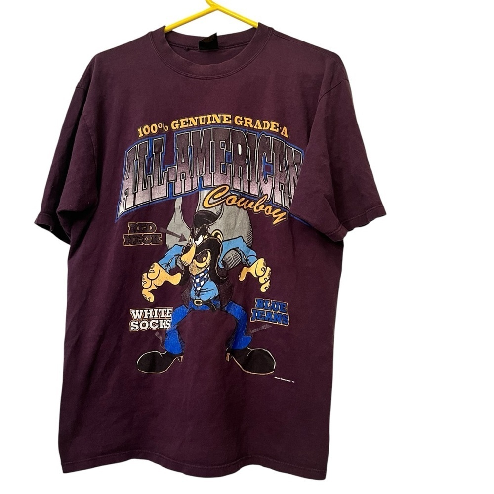 Vtg Sun Sportswear purple single stitch all American cowboy red neck t shirt LG